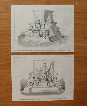 2 Blatt Holzstich Berlin 1871 Postament für das Denkmal Friedrich Wilhelm III im Lustgarten